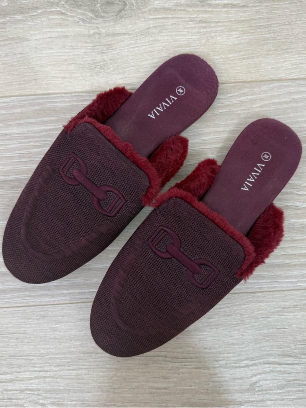 Vivaia Burgundy Round Toe Faux Fur Lined Slip On Mule